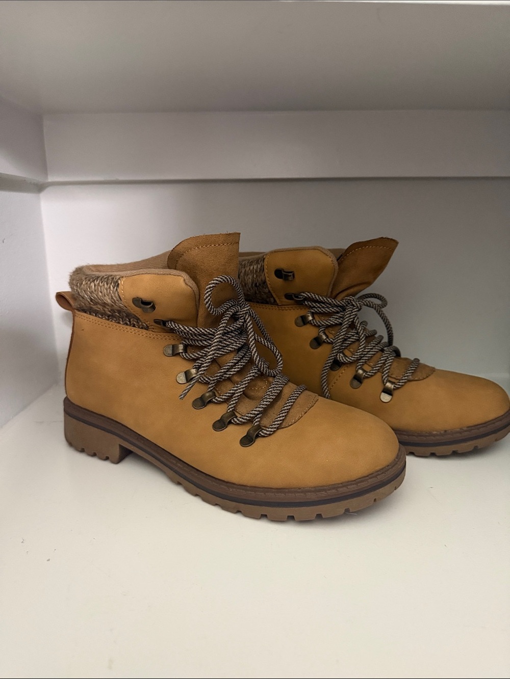 Time and Tru Tan Lace-Up Faux Fur Collar Hiking Boots